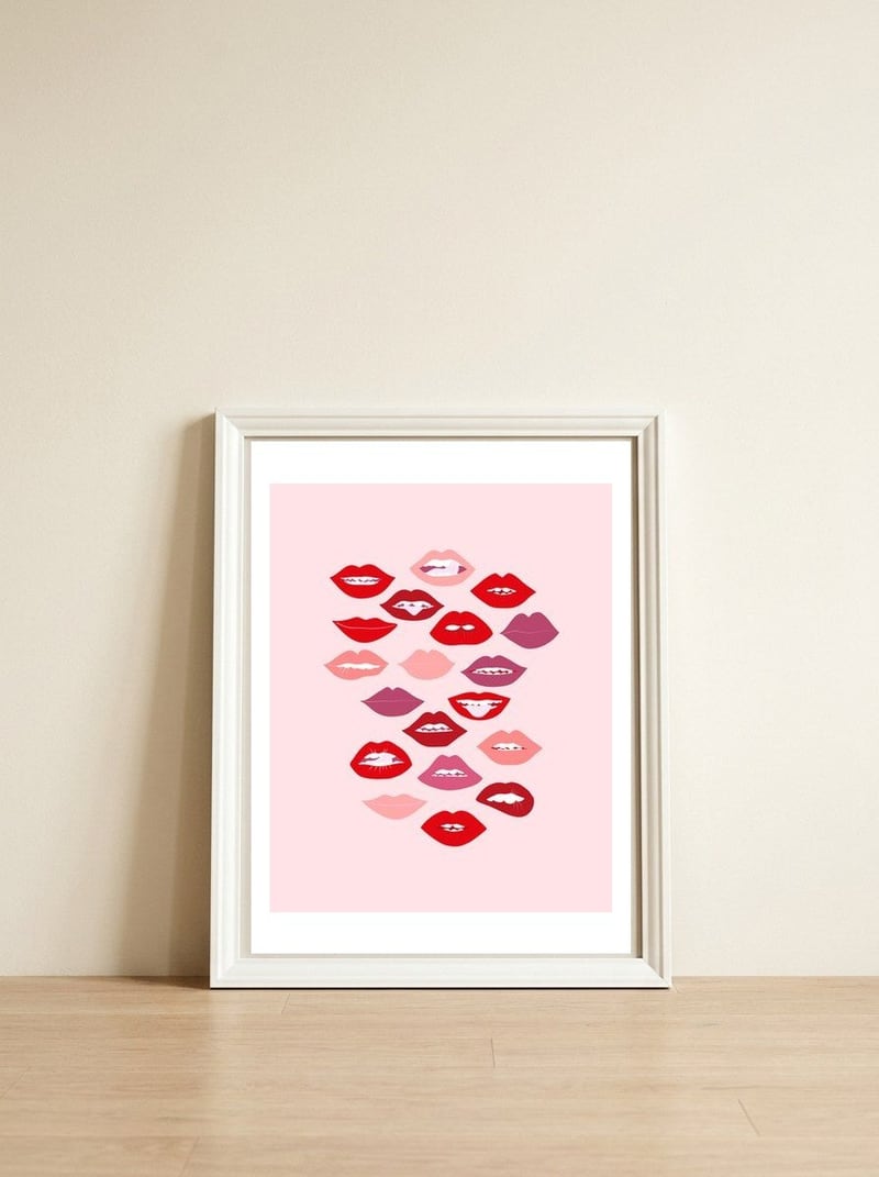 Lips Red with Pink Background — framed, leaning against the wall