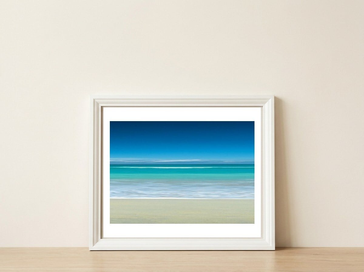 Tropical Beach (2) — framed, leaning against the wall
