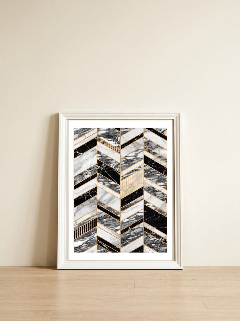 Abstract Chevron Pattern - Black and White Marble — framed, leaning against the wall