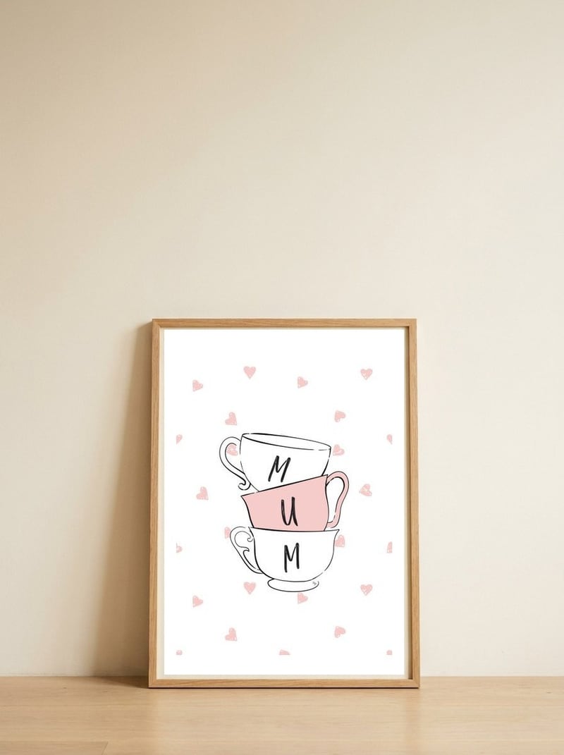 Mum Cups — framed, leaning against the wall