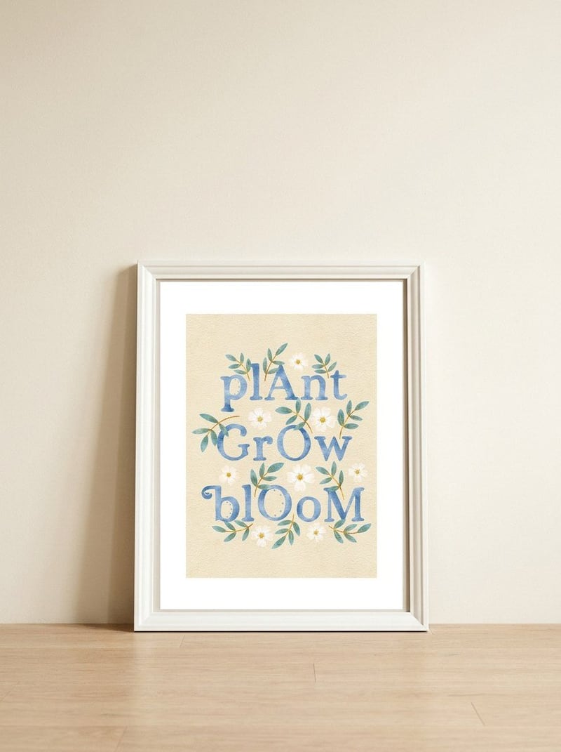 Plant, Grow, Bloom — framed, leaning against the wall