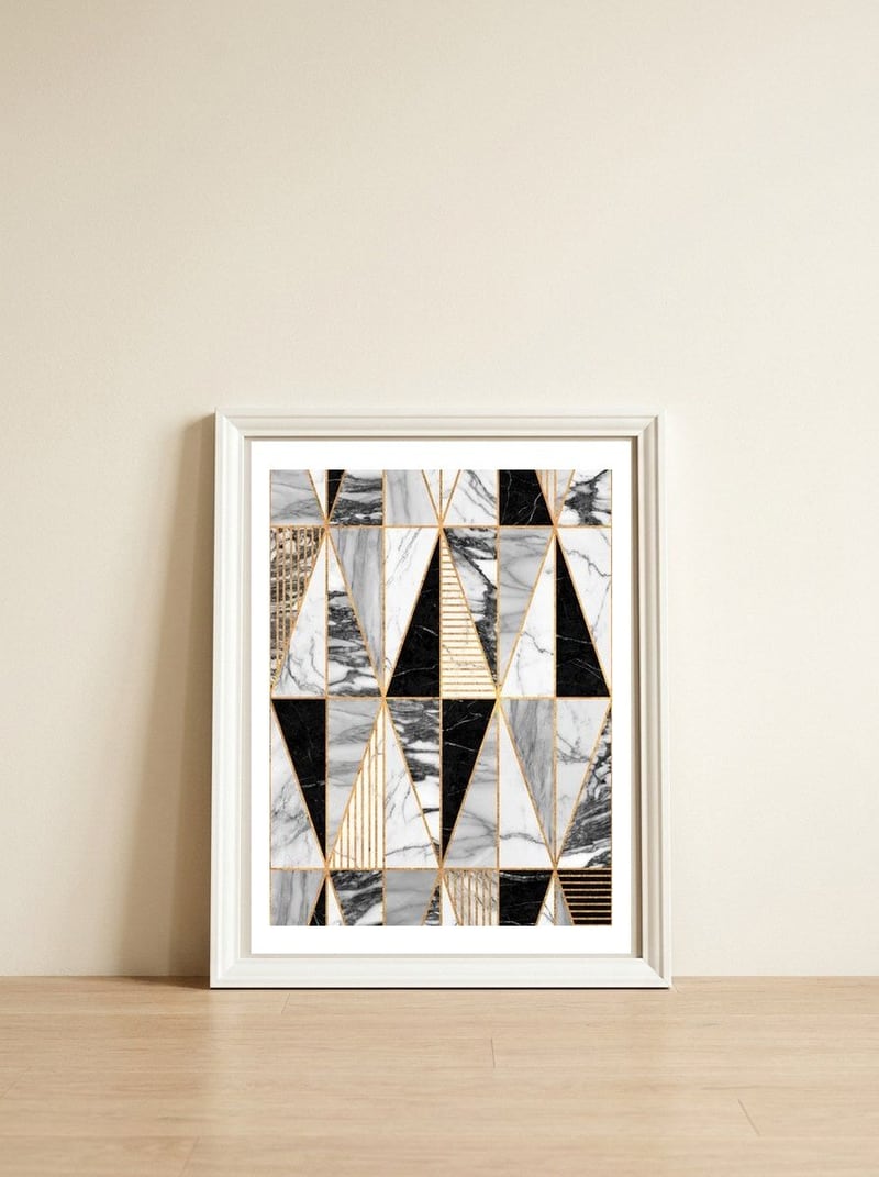 Marble Triangles - Black and White — framed, leaning against the wall