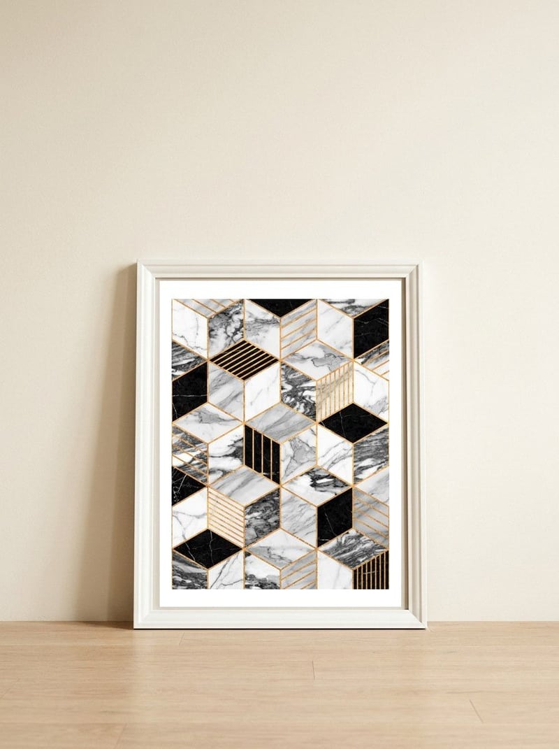 Marble Cubes 2 - Black and White — framed, leaning against the wall