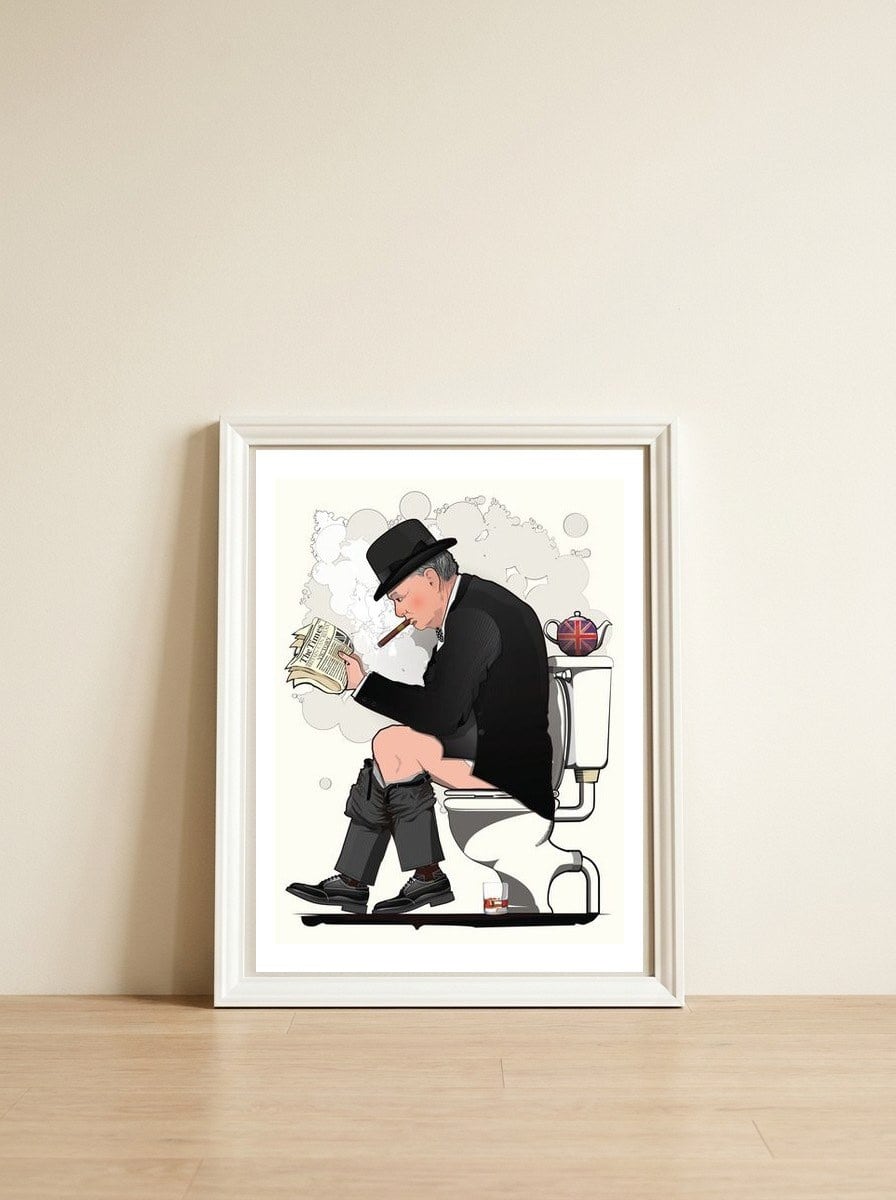 Churchill on the Toilet, Funny Bathroom Humour — framed, leaning against the wall