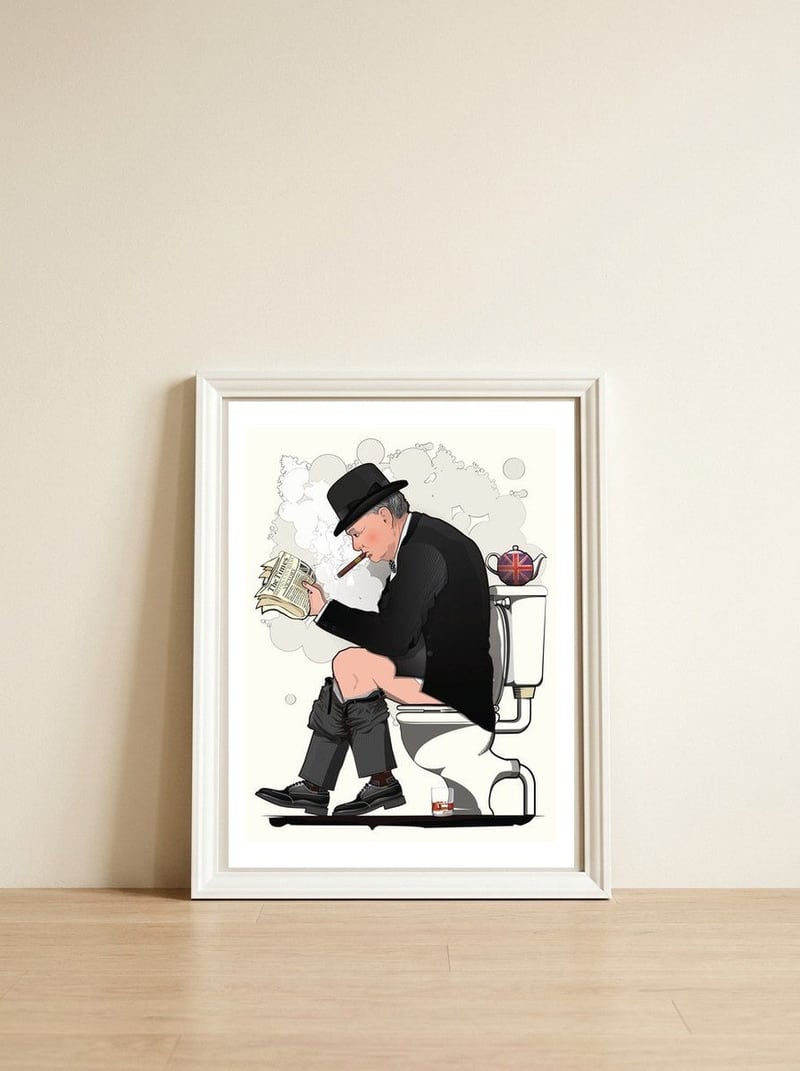 Churchill on the Toilet, Funny Bathroom Humour — framed, leaning against the wall