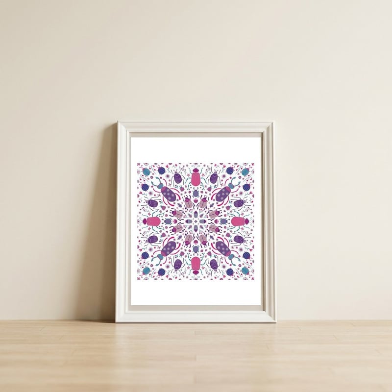 Bug Mandala — framed, leaning against the wall