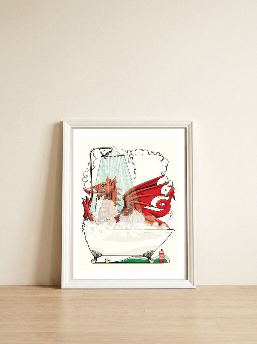 Welsh Dragon in the Bath, Funny Bathroom Humour, Wales, Britain, United Kingdom  — framed, leaning against the wall