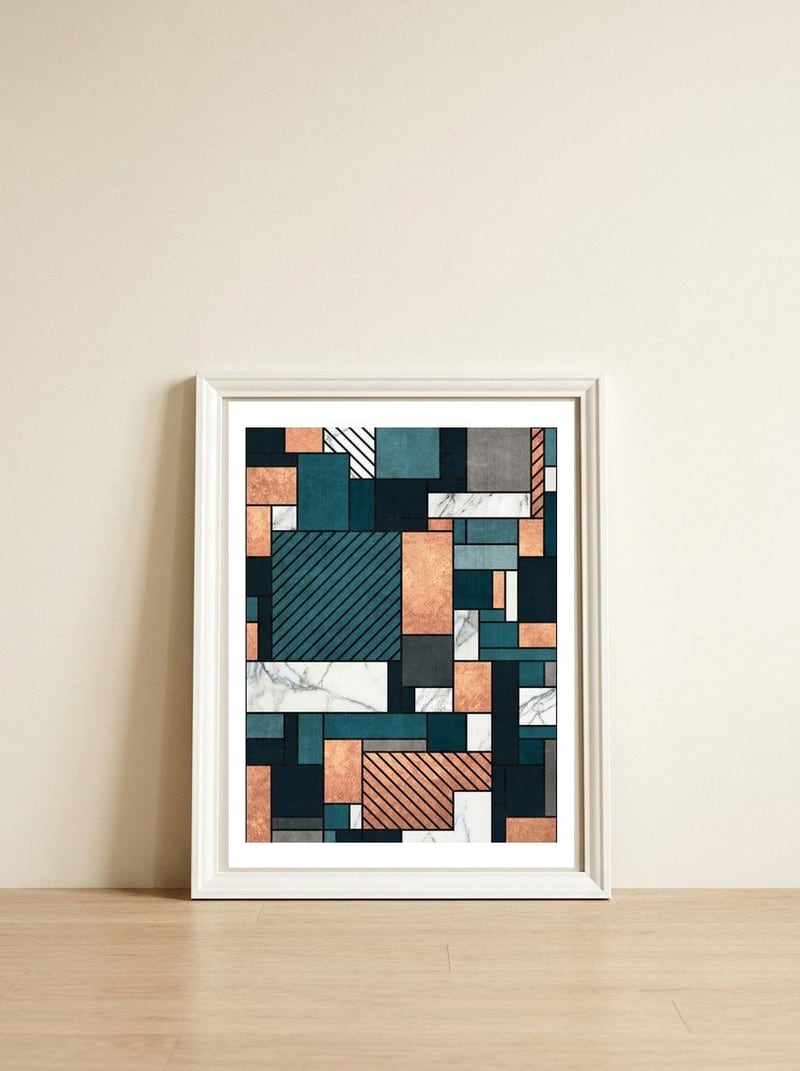 Random Pattern - Copper, Marble, and Blue Concrete — framed, leaning against the wall