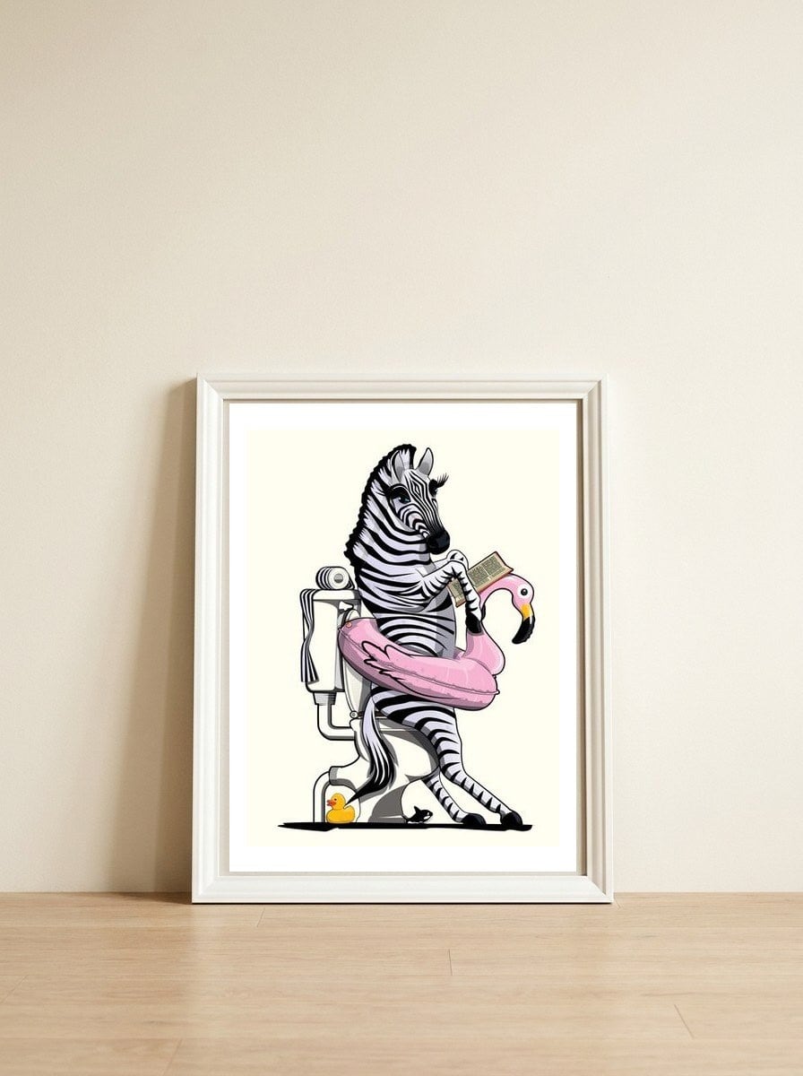 Zebra on the Toilet, Funny Bathroom Humour — framed, leaning against the wall