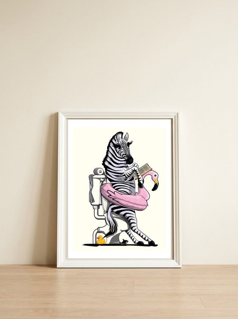 Zebra on the Toilet, Funny Bathroom Humour — framed, leaning against the wall