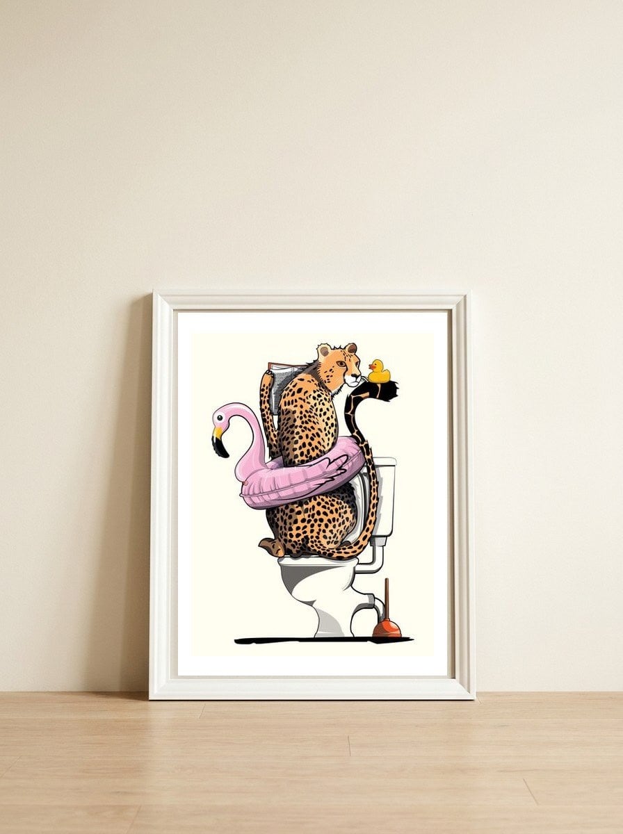 Cheetah on the Toilet, Funny Bathroom Humour — framed, leaning against the wall