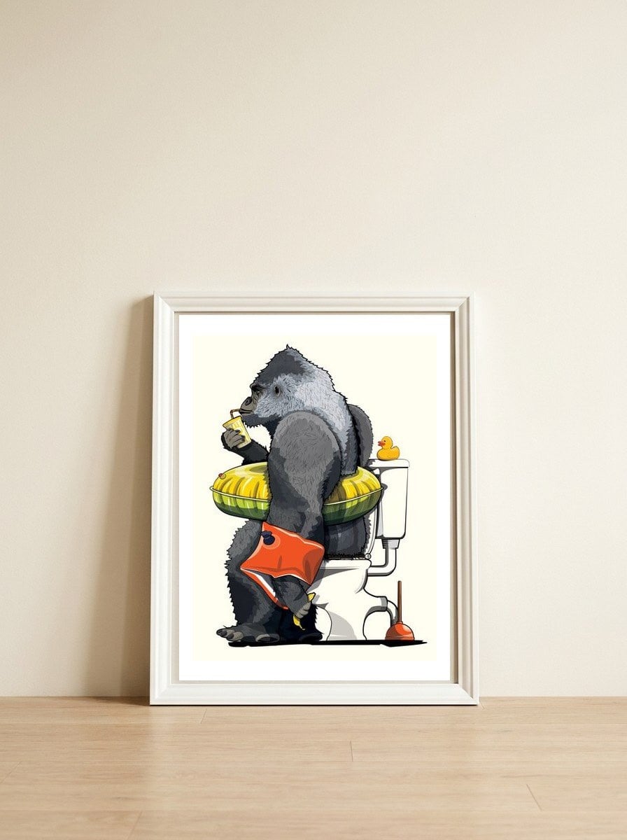 Gorilla on the Toilet, Funny Bathroom Humour — framed, leaning against the wall