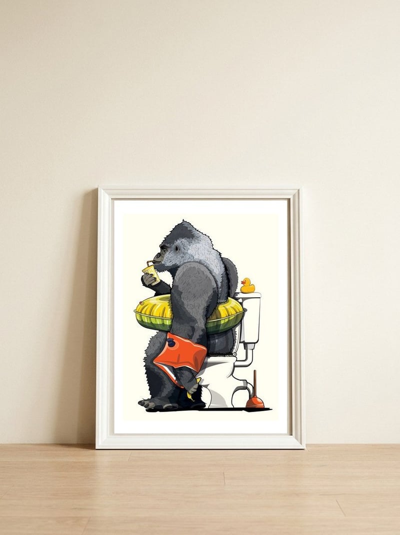 Gorilla on the Toilet, Funny Bathroom Humour — framed, leaning against the wall