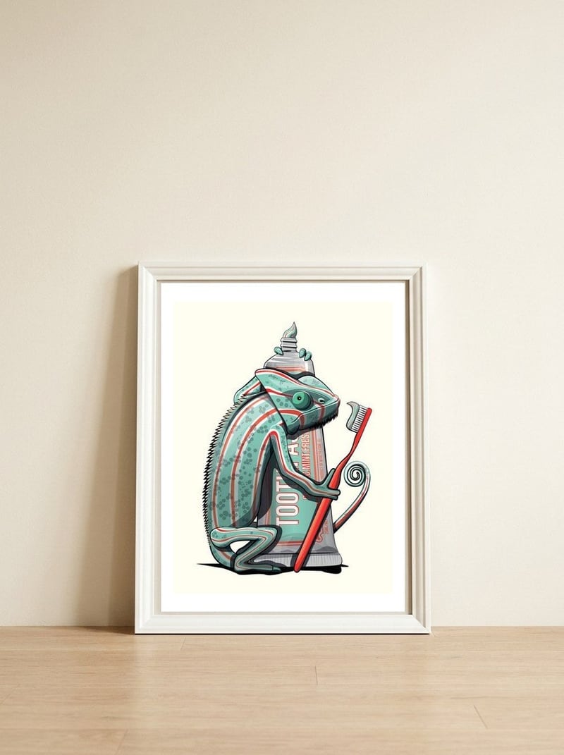 Chameleon Brushing Teeth, Funny Bathroom Humour — framed, leaning against the wall