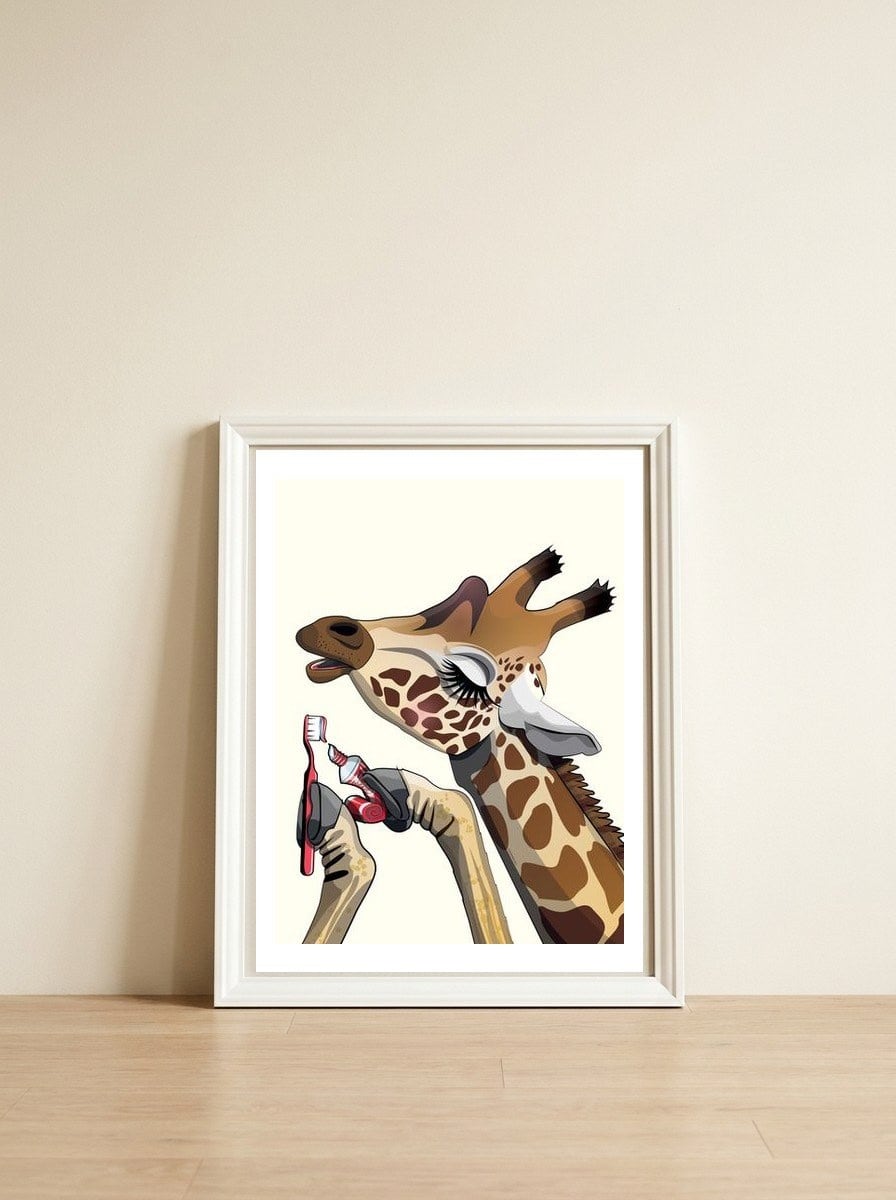 Giraffe Brushing Teeth, Funny Bathroom Humour — framed, leaning against the wall