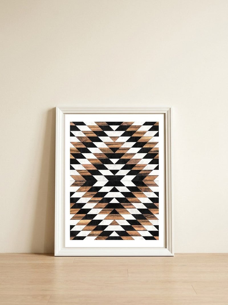 Urban Tribal Pattern No.13 - Aztec - Concrete and Wood — framed, leaning against the wall