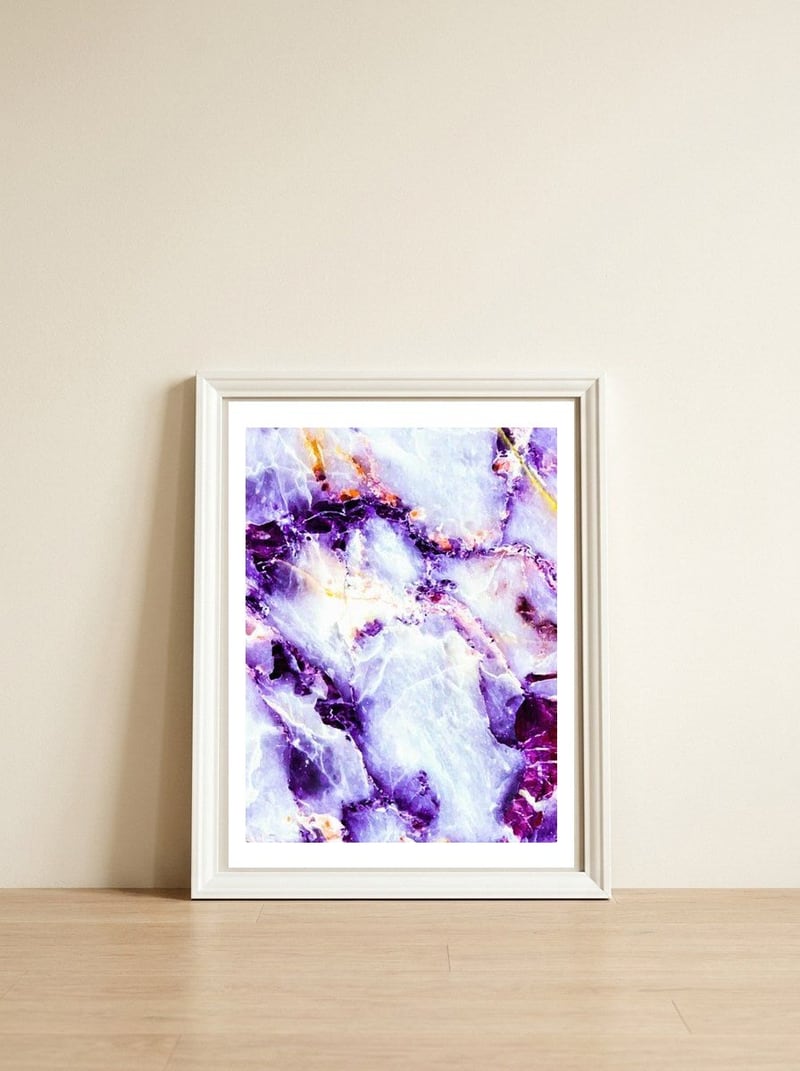 Purple marbling I — framed, leaning against the wall
