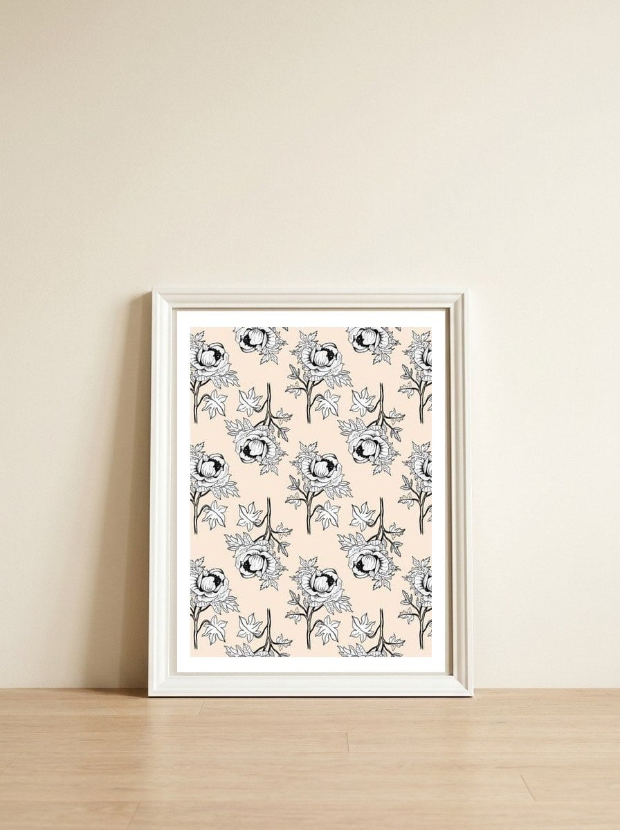 Drawing pattern of roses to pencil on beige — framed, leaning against the wall