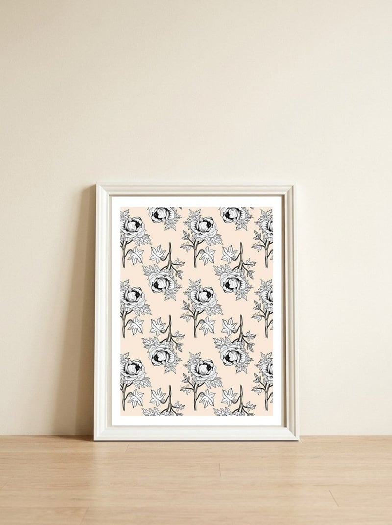 Drawing pattern of roses to pencil on beige — framed, leaning against the wall