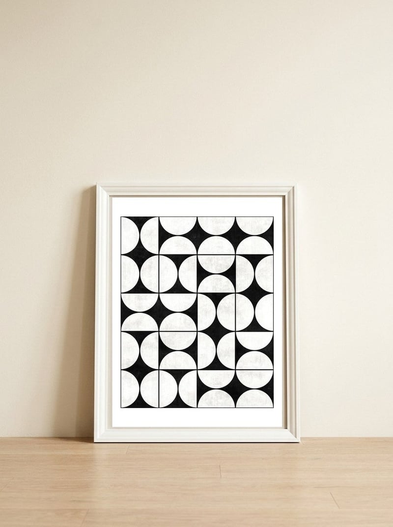 Mid-Century Modern Pattern No.2 - Black and White Concrete — framed, leaning against the wall
