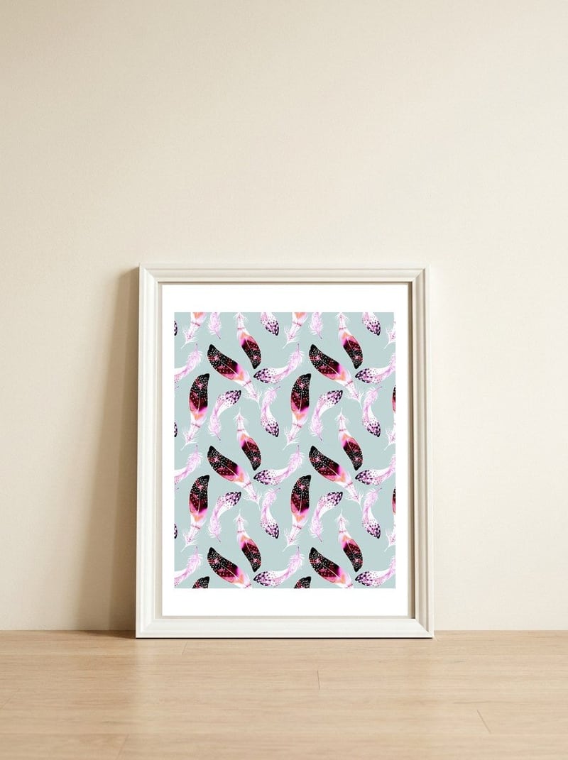 Bohemian pattern of feathers  — framed, leaning against the wall