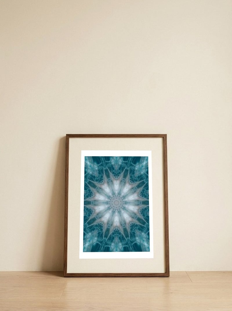 Mandala - Green, White, Rose — framed, leaning against the wall