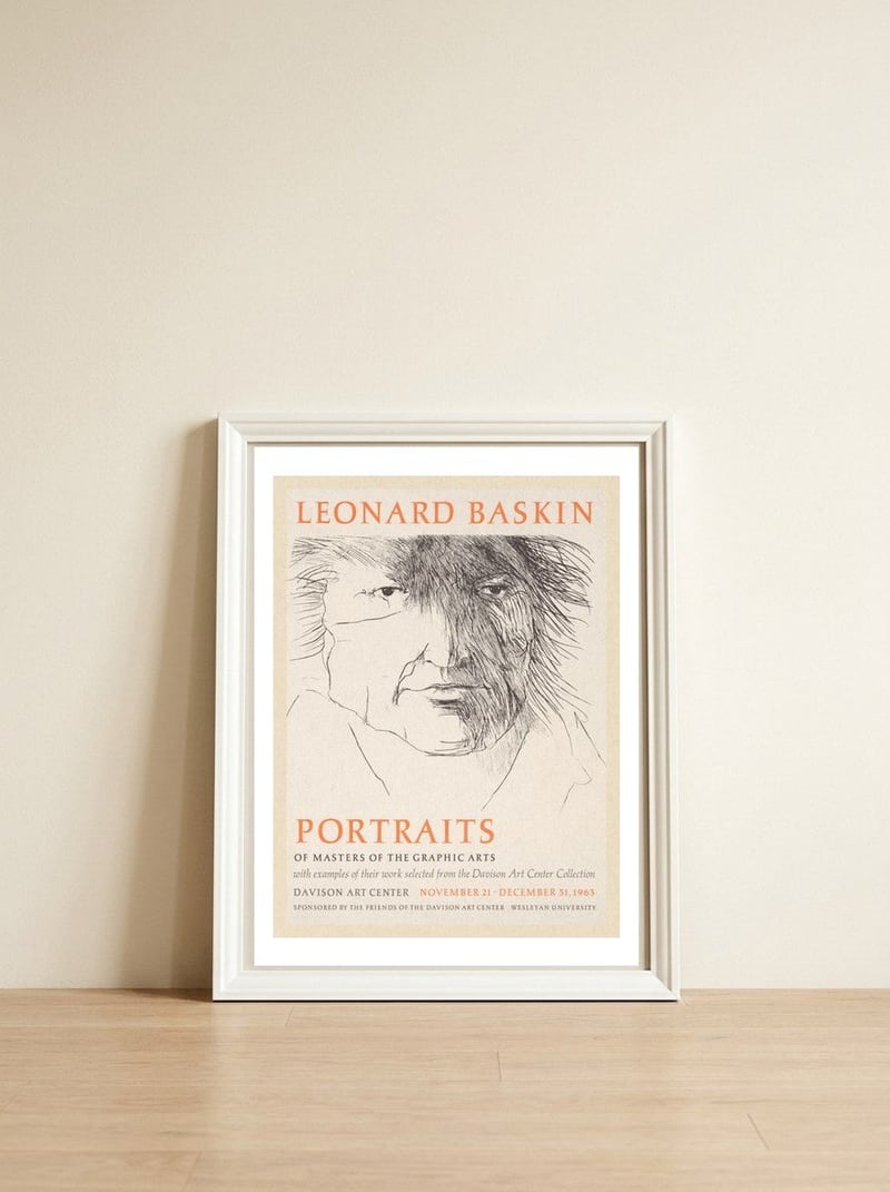 Leonard Baskin Portraits Exhibition — framed, leaning against the wall