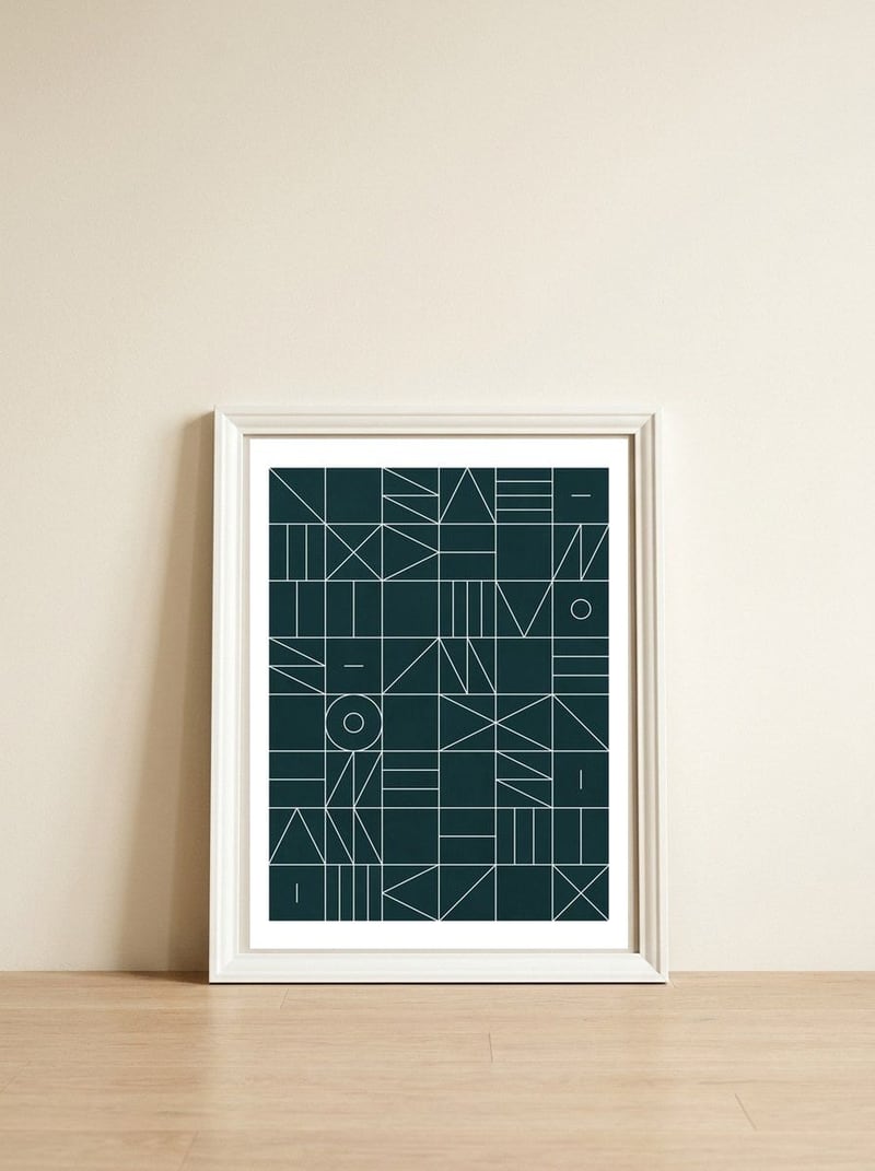 My Favorite Geometric Patterns No.8 - Green Tinted Navy Blue — framed, leaning against the wall