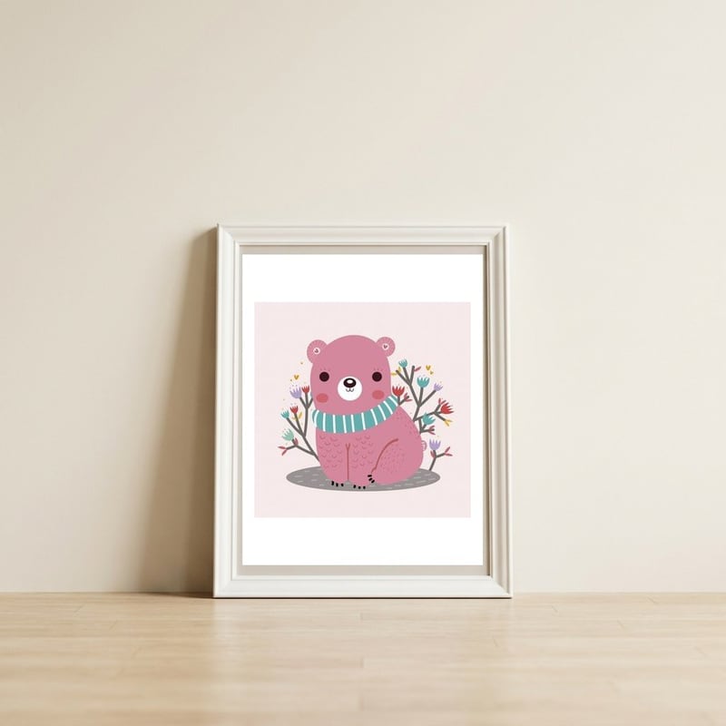 Pink bear — framed, leaning against the wall