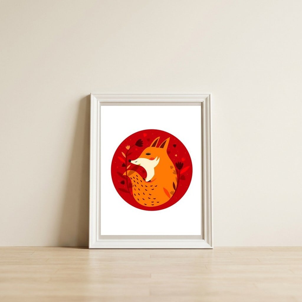 Red fox — framed, leaning against the wall