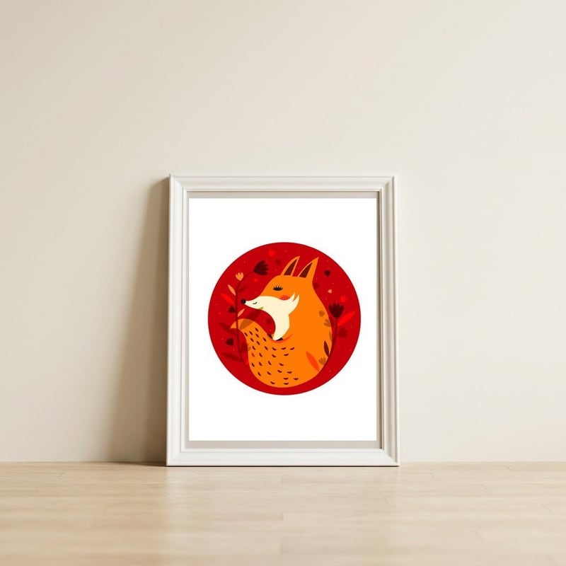 Red fox — framed, leaning against the wall