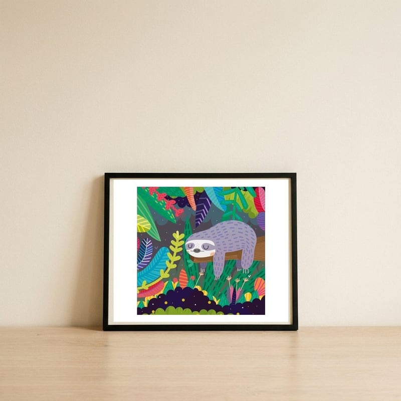 Sloth in nature — framed, leaning against the wall