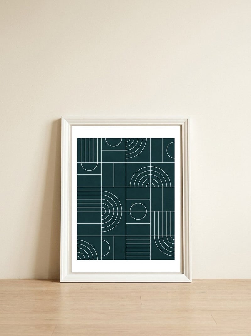 My Favorite Geometric Patterns No.26 - Green Tinted Navy Blue — framed, leaning against the wall