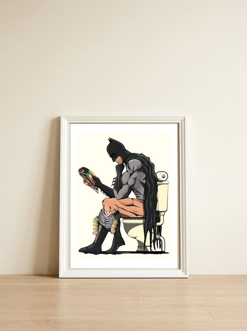 Batman on the Toilet — framed, leaning against the wall