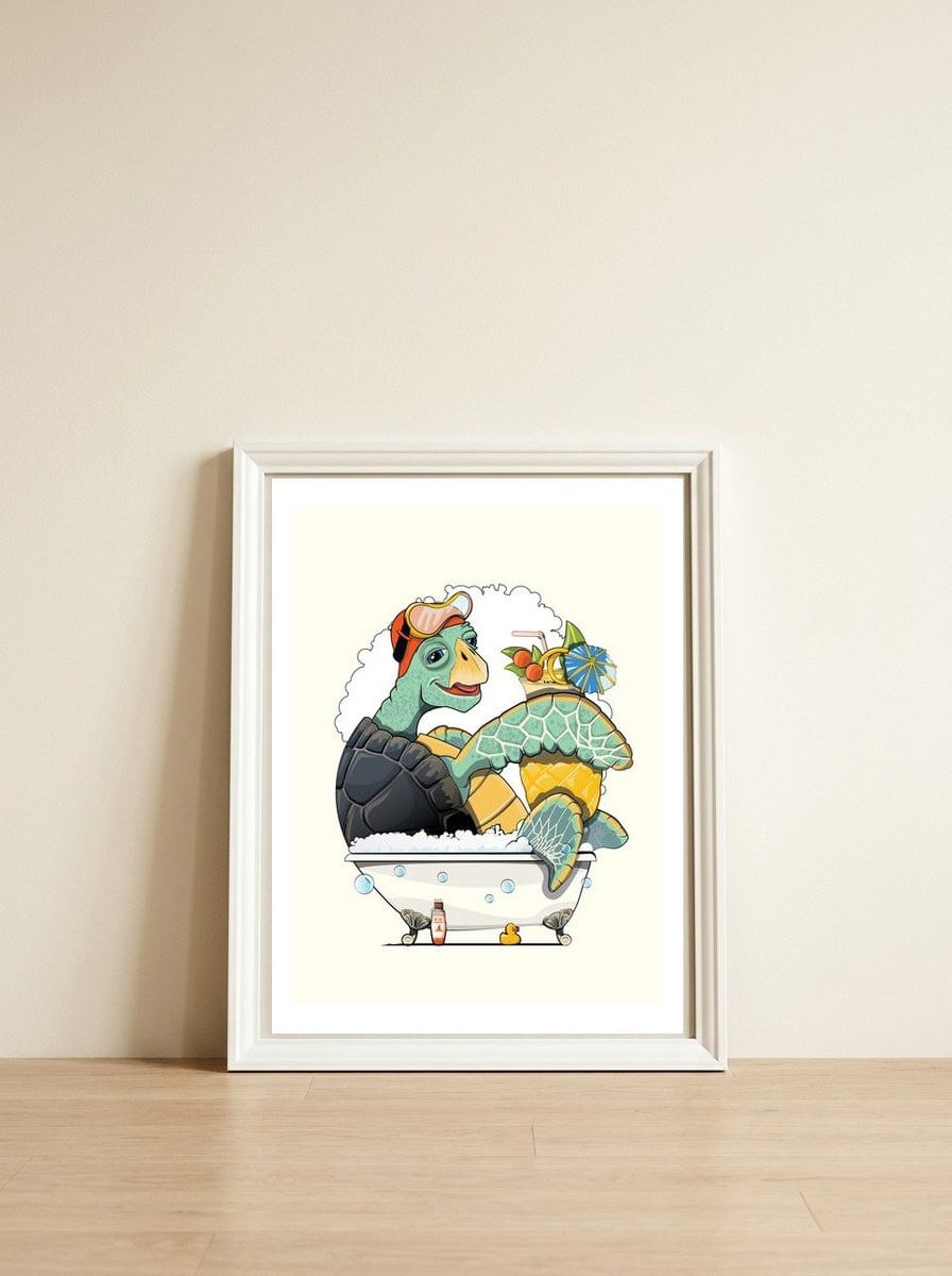 Turtle in the Bathtub — framed, leaning against the wall