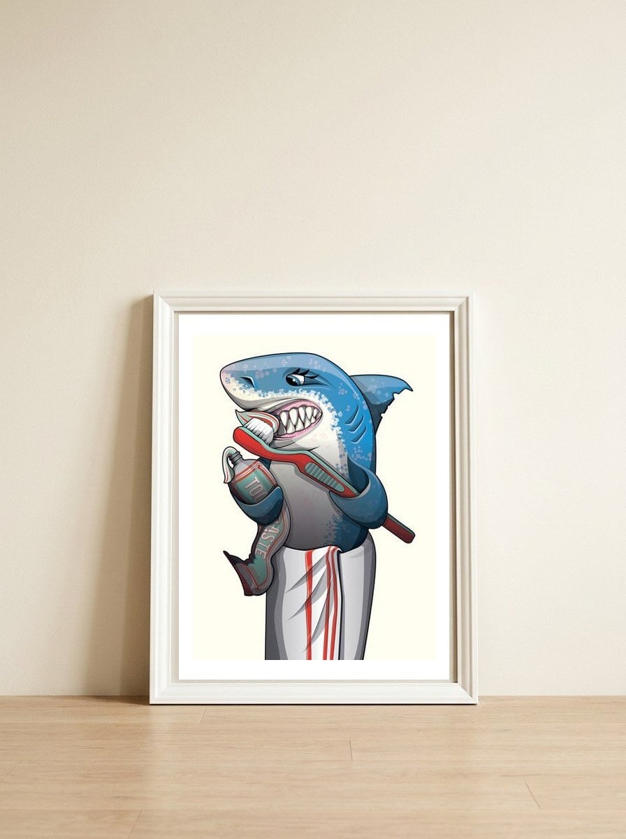 Great White Shark Brushing Teeth — framed, leaning against the wall