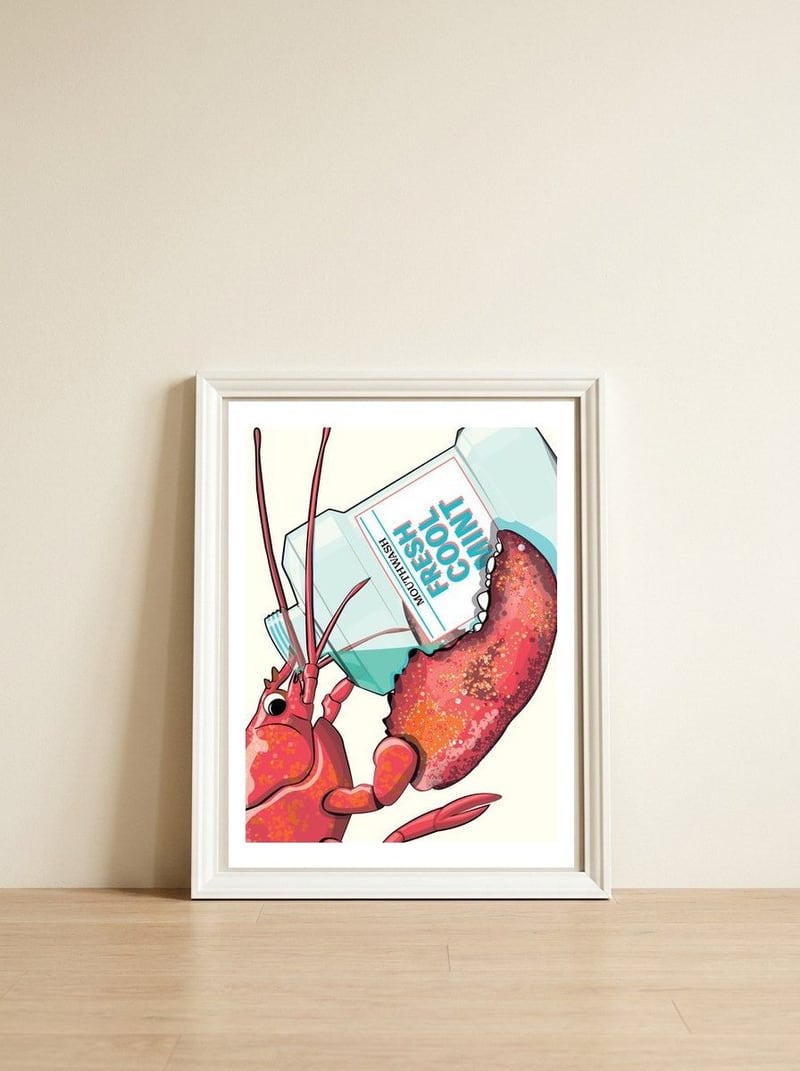 Lobster Drinking Mouthwash — framed, leaning against the wall