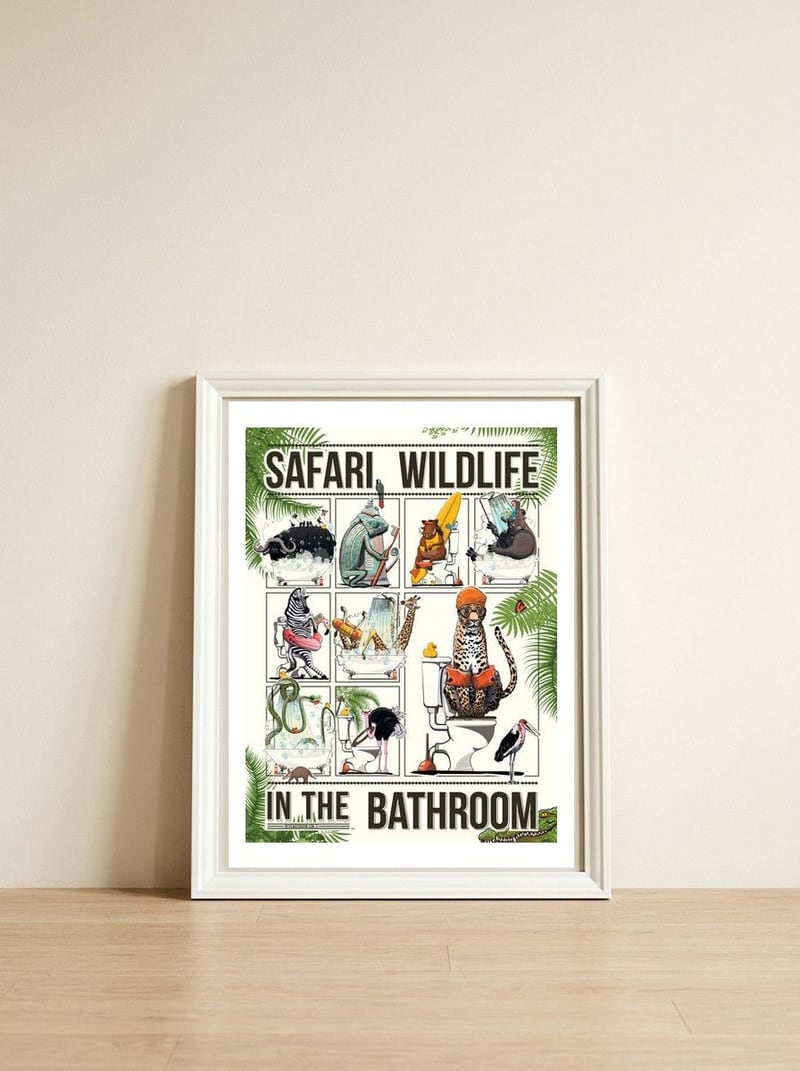 Safari Animals in the Bathroom, funny toilet humour — framed, leaning against the wall