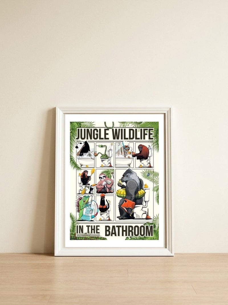 Jungle Wildlife in the Bathroom, funny toilet humour — framed, leaning against the wall