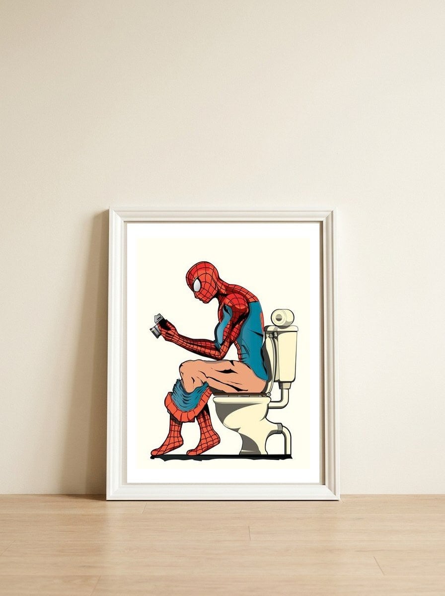 Spider-man on the Toilet, funny bathroom humour — framed, leaning against the wall