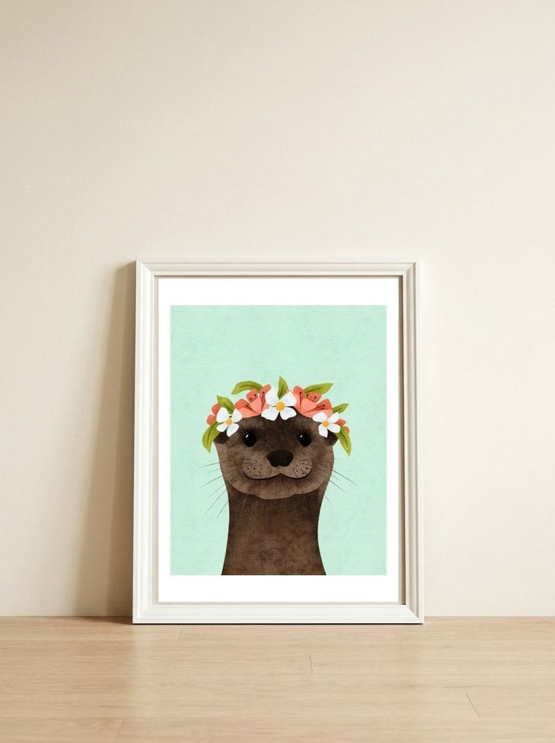 Floral Otter — framed, leaning against the wall