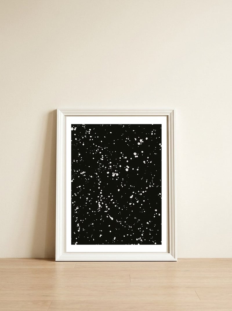 Paint Splatter on Black Background — framed, leaning against the wall