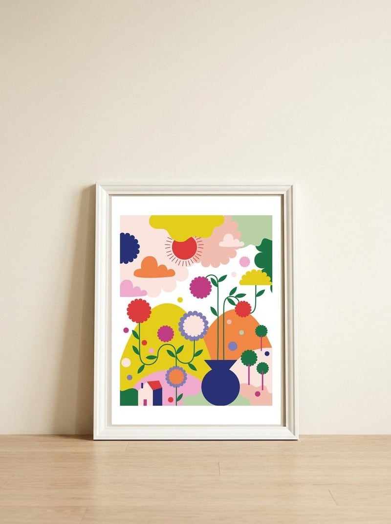 Happy Mediterranean Colorful Landscape — framed, leaning against the wall