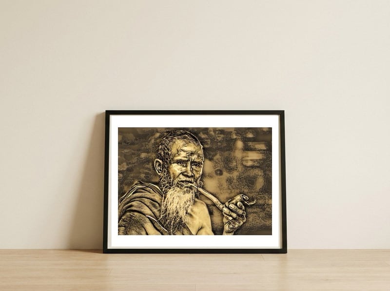 Old Man with Pipe — framed, leaning against the wall