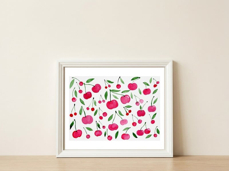 Pink cherry pattern — framed, leaning against the wall
