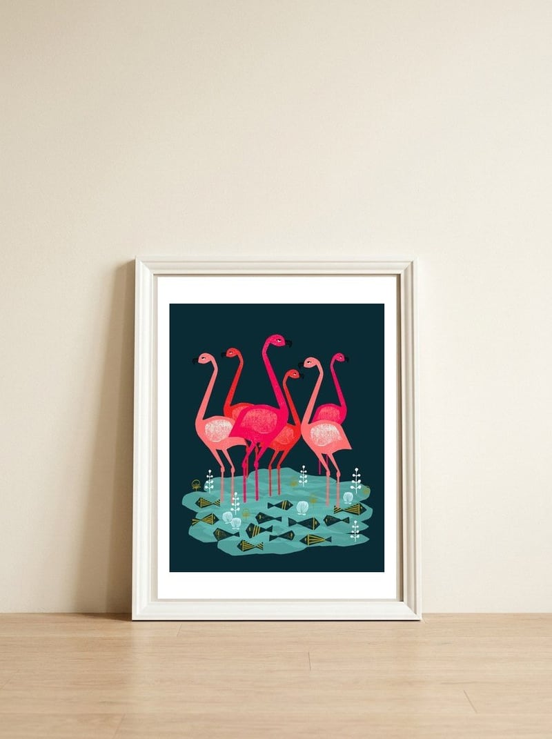Flamingo — framed, leaning against the wall