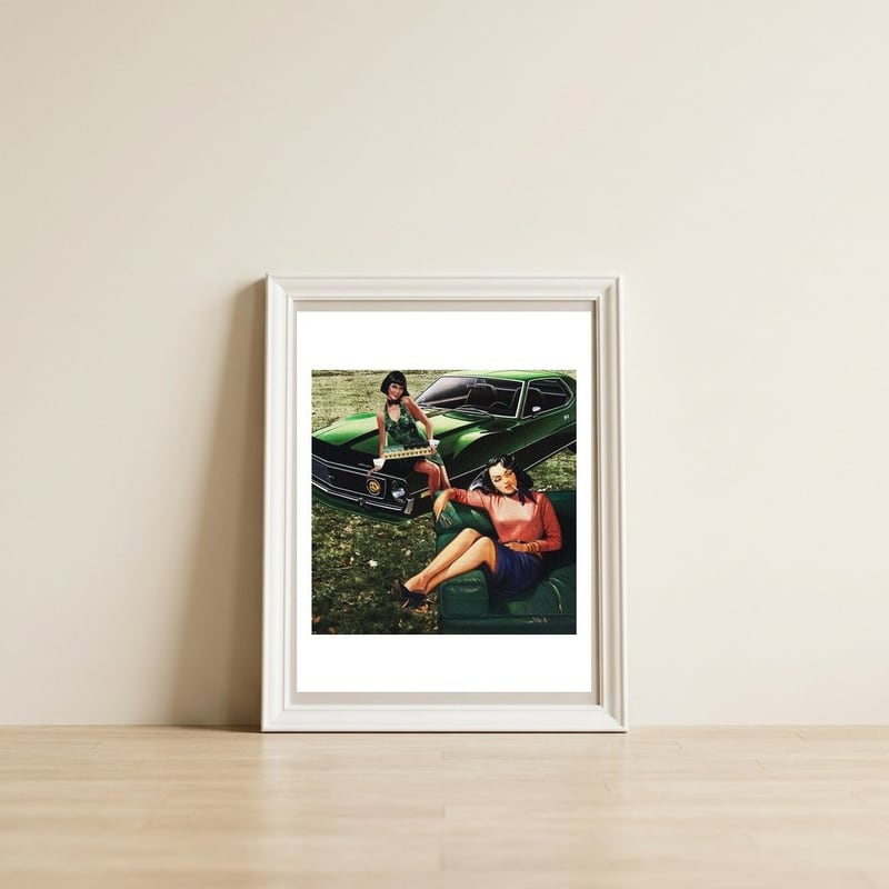 Green — framed, leaning against the wall