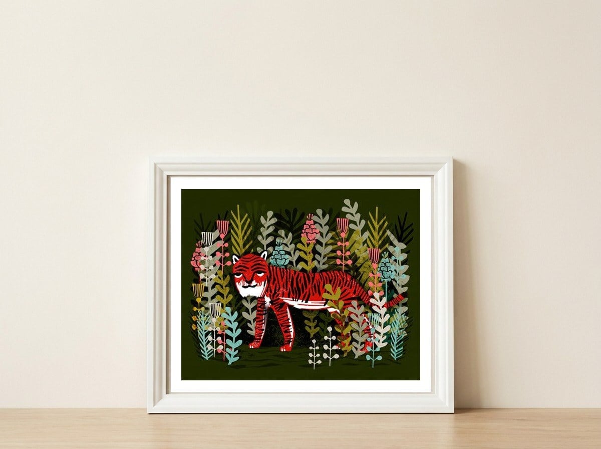 Tiger — framed, leaning against the wall