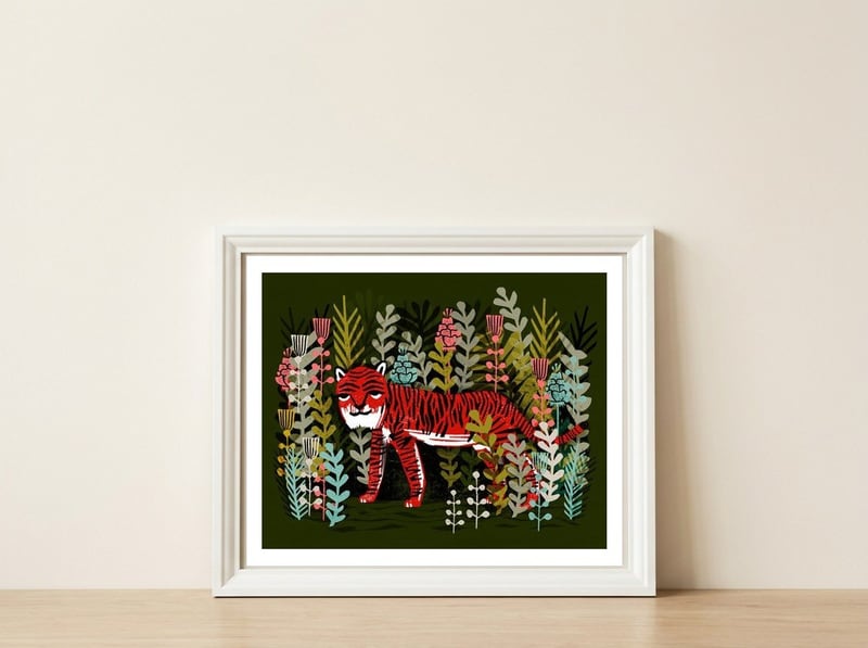 Tiger — framed, leaning against the wall