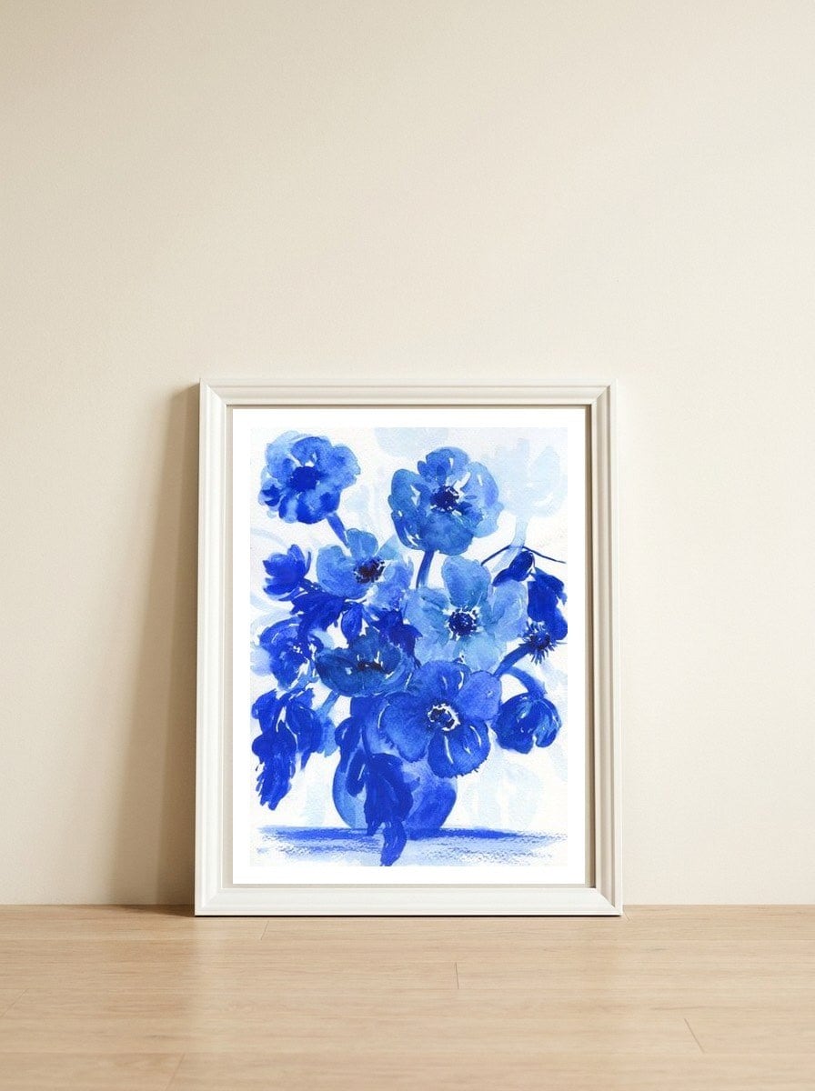 Blue stillife — framed, leaning against the wall
